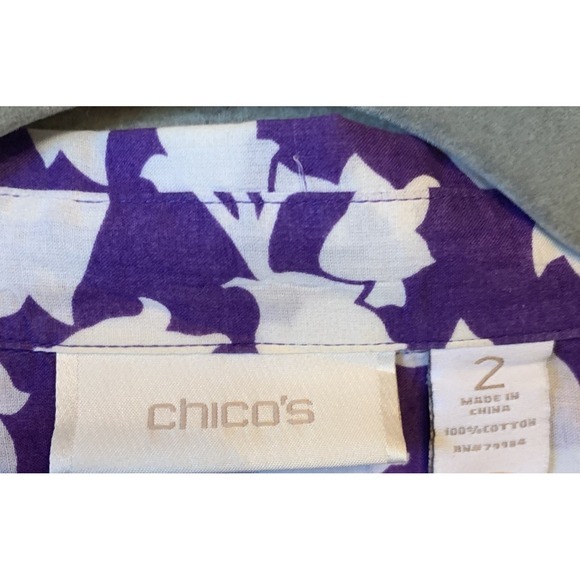 Chicos Blouse Tunic 100% Cotton US 12 Purple White‎ Tab Roll Sleeve Light Weight - Picture 7 of 8